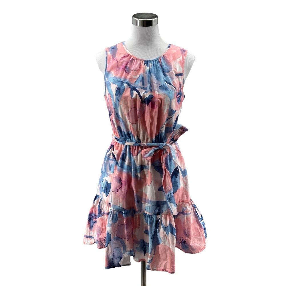 DKNY Tiered Dress Womens Size 6 Pink Blue Watercolor Floral Print Lined Belted